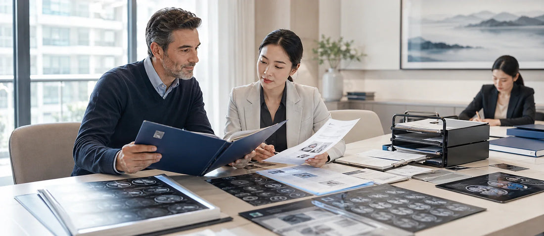 French patient undergoing structured medical dossier evaluation with a Chinese medical coordinator reviewing organized reports and imaging files in a premium international healthcare coordination setting.
