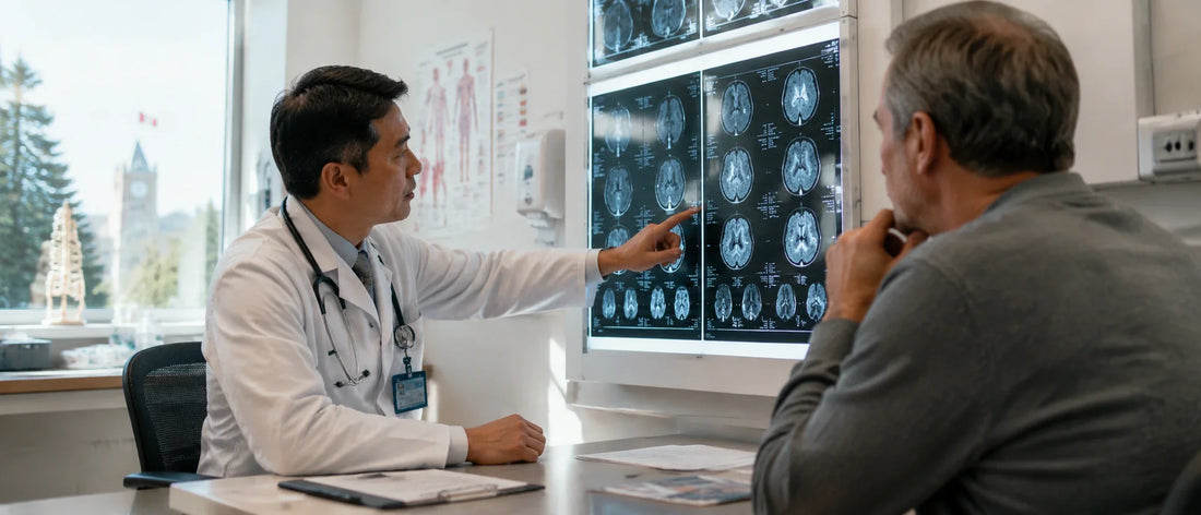 Canadian patient reviewing medical interpretation differences with doctor in hospital second opinion consultation
