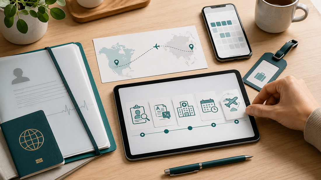 Step-by-step medical travel planning desk with Canadian patient records, passport and China care pathway workflow