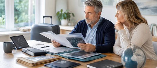 French patient at home reviewing medical documents and travel planning materials, illustrating readiness assessment for treatment abroad and cross-border healthcare planning.