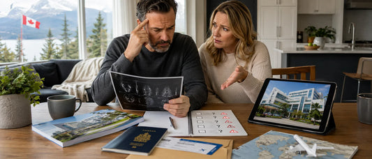 Canadian patient reviewing medical treatment abroad red flags with a healthcare advisor before choosing overseas care