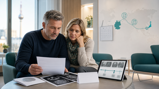 German patient and family member reviewing anonymized MRI and CT documents while waiting for cancer diagnosis and considering a second medical opinion.