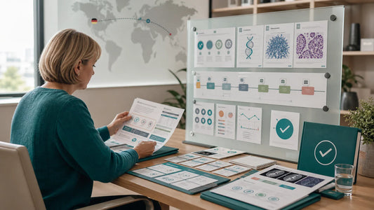German patient advocate organizing anonymized molecular testing reports, biomarker cards and imaging materials for precision medicine case review.