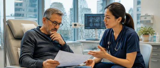 Canadian patient reviewing medical scans in a structured diagnostic environment showing healthcare uncertainty mapping and multi-pathway medical evaluation system