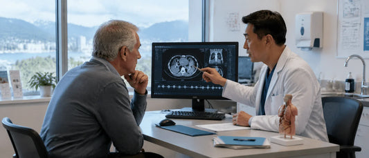 Holographic medical timeline showing disease progression and changing treatment options over time in a modern clinical strategy room with scans and decision pathways