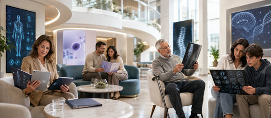 Different French patient types in a premium multidisciplinary health assessment center, illustrating who considers treatment abroad for screening, fertility, orthopedics, and complex medical conditions.