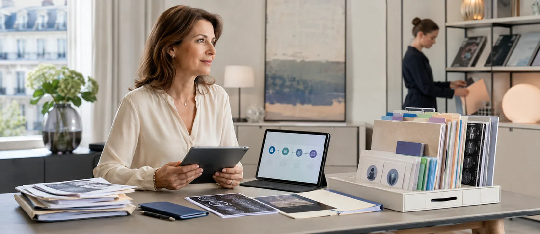 French patient reviewing neatly organized medical documents and a structured digital guidance interface in a premium medical onboarding space, illustrating trusted international medical guidance.