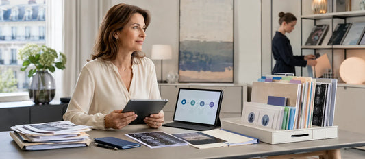 French patient reviewing neatly organized medical documents and a structured digital guidance interface in a premium medical onboarding space, illustrating trusted international medical guidance.