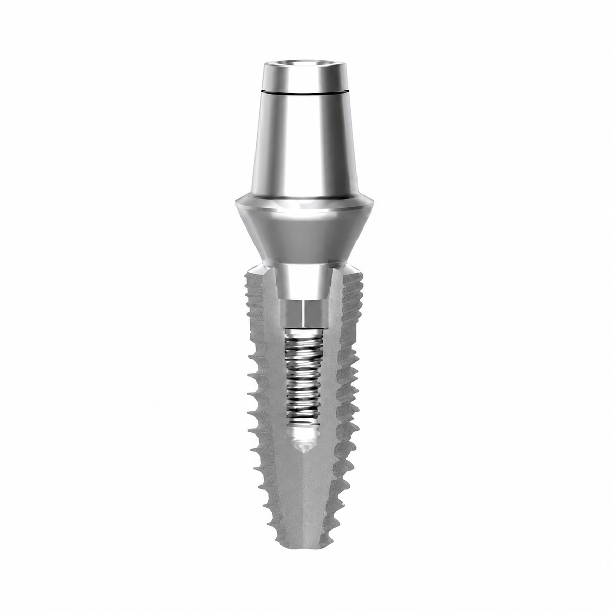 Dentium implant and abutment cutaway, white background