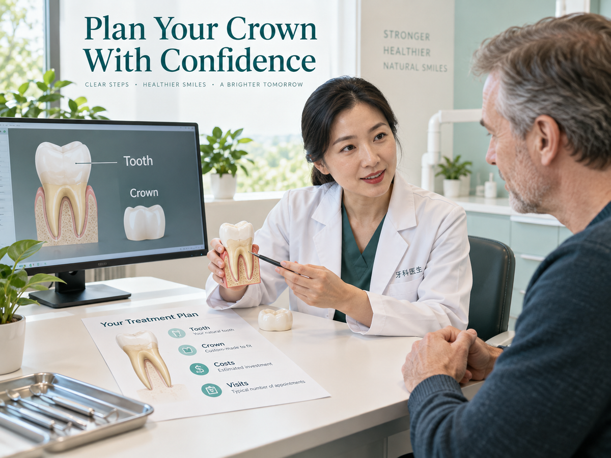 Chinese dentist discussing a natural-tooth crown plan and quotation with an adult patient. Educational illustration.