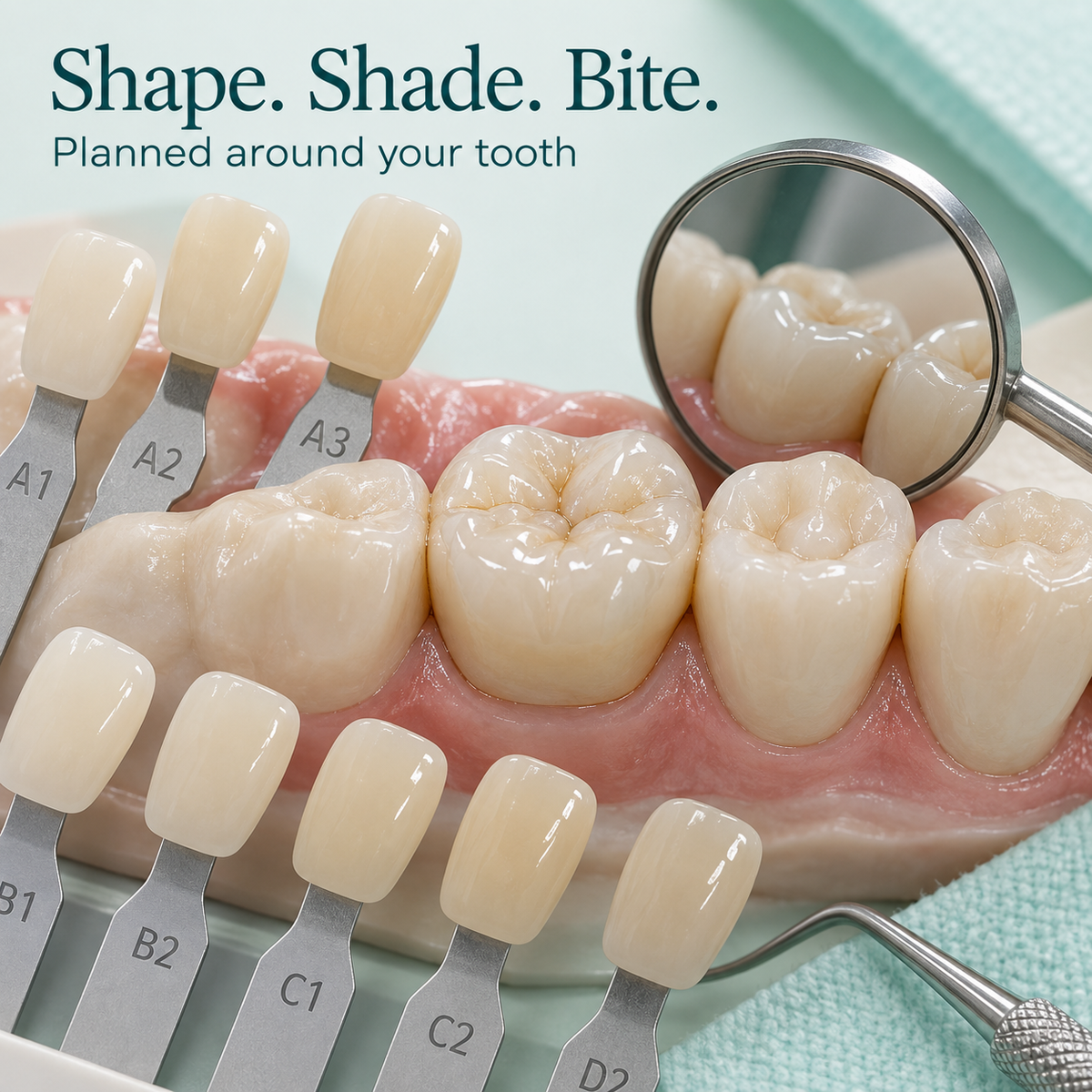 Shade guide and contours compared to a crown on a natural-tooth model. Educational illustration.