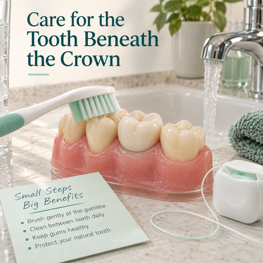 Soft toothbrush and floss at the gum margin of a crowned natural tooth model. Educational illustration.