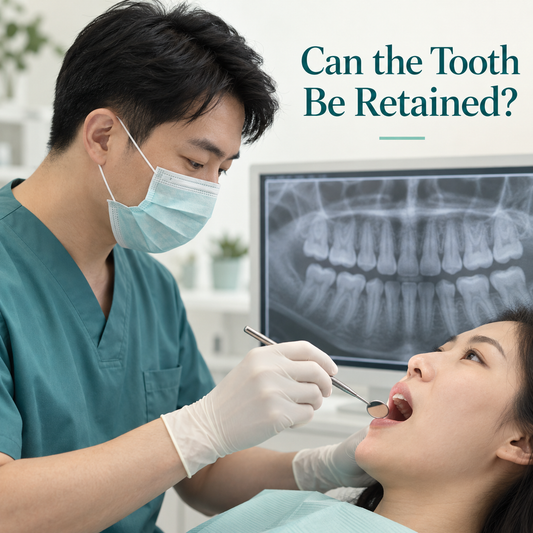 Chinese dentist assessing a natural tooth with a mirror and dental chart. Educational illustration.