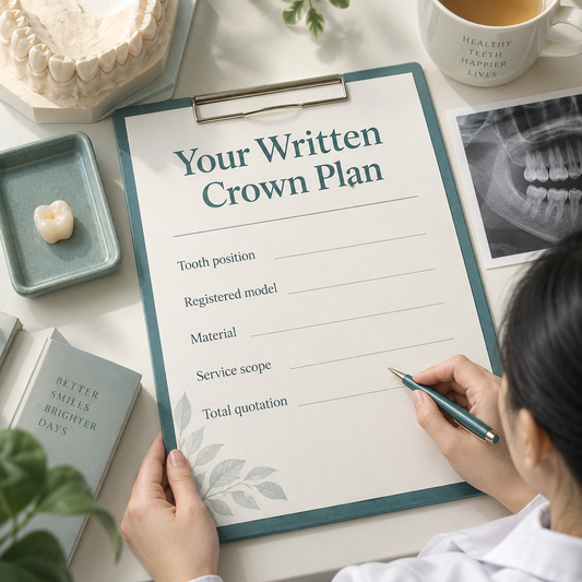 Written crown order with specification and service scope fields. Educational illustration.