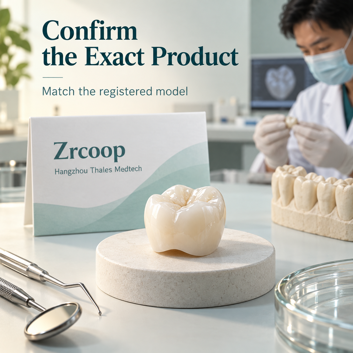 Zrcoop product name and a crown with a manufacturer identity card. Educational illustration.