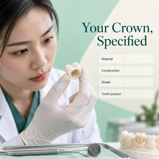 Crown specifications for material, construction, shade and tooth position. Educational illustration.