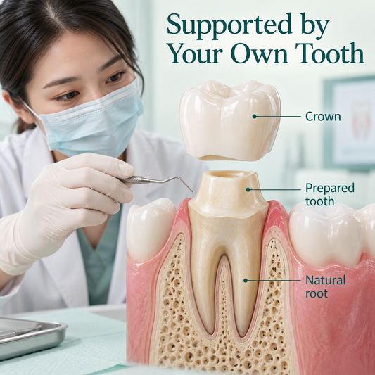 Crown fitted over a prepared natural tooth whose roots remain in the jaw. Educational illustration.
