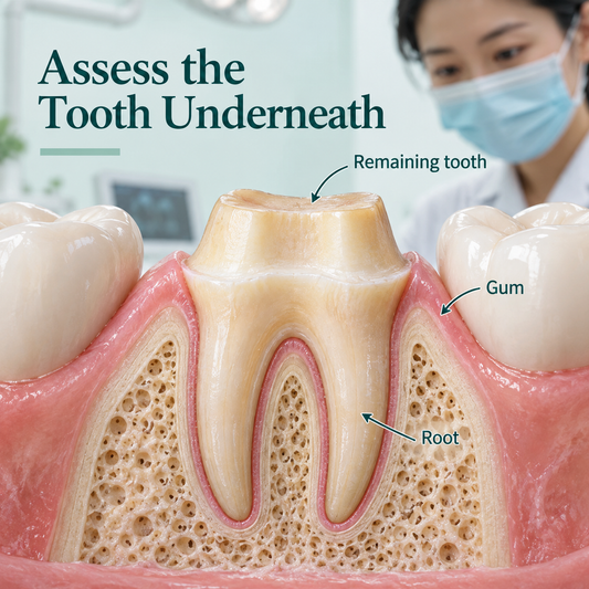 Natural molar showing remaining tooth structure and roots before restoration. Educational illustration.