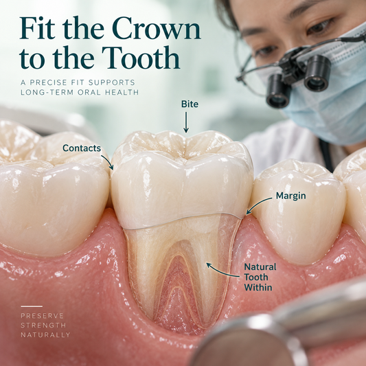 Ceramic cap fits over a prepared natural molar with margin and contact points indicated. Educational illustration.