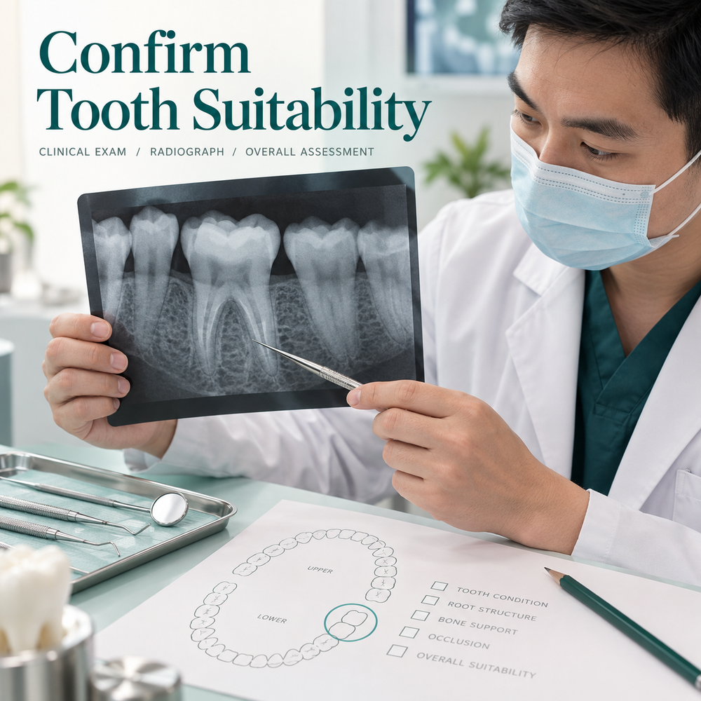 Tooth chart and natural tooth radiograph for assessing restorability. Educational illustration.