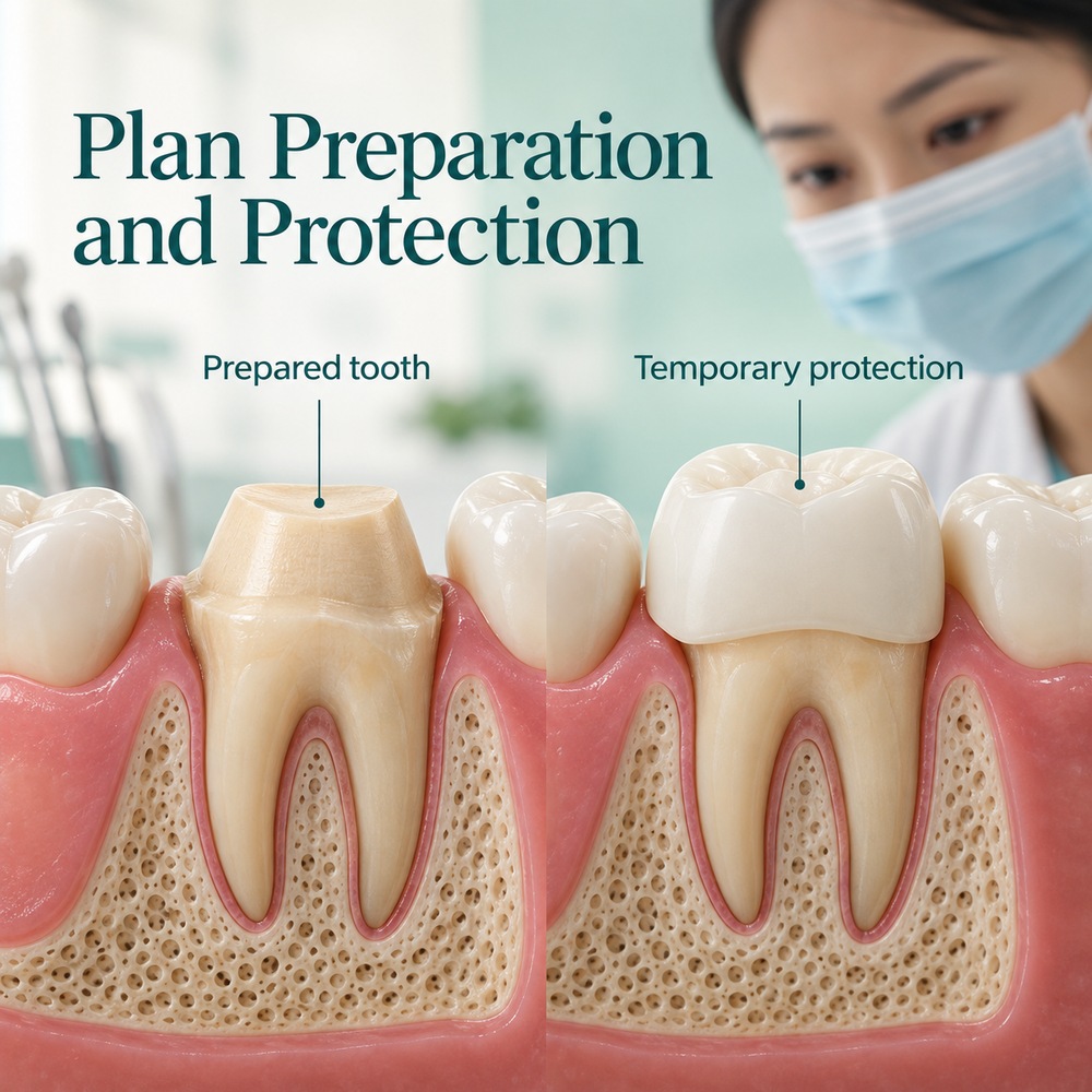 Prepared natural molar and temporary protective crown shown as distinct stages. Educational illustration.