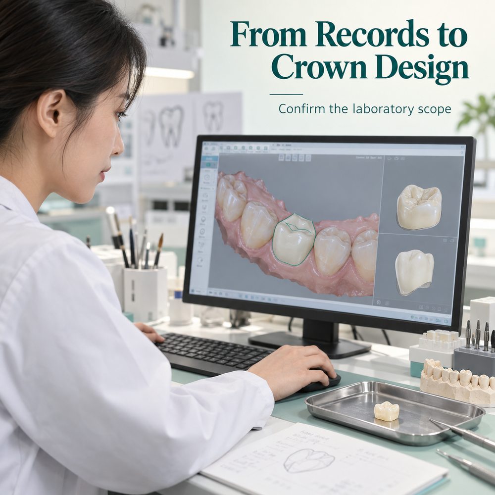 Chinese dental technician designing one crown on a digital natural-tooth scan. Educational illustration.