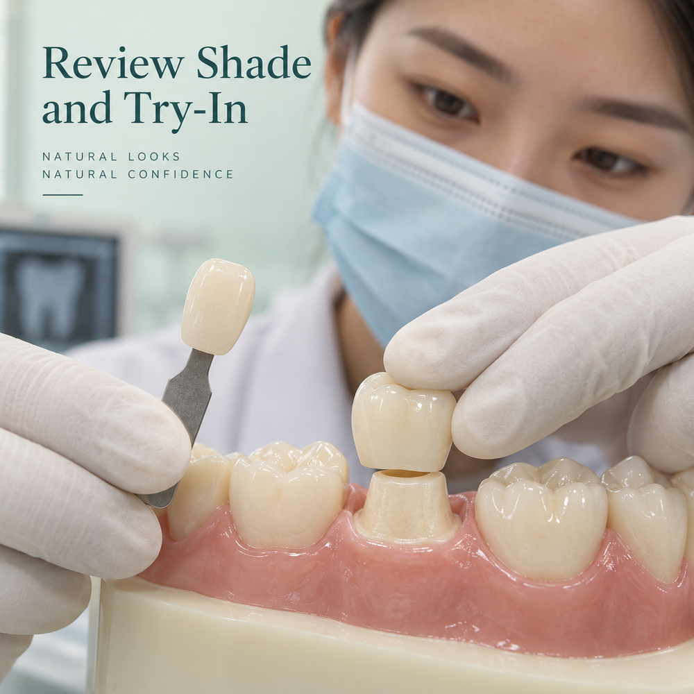 Gloved hands checking a crown shade and trial fit on a prepared natural tooth. Educational illustration.