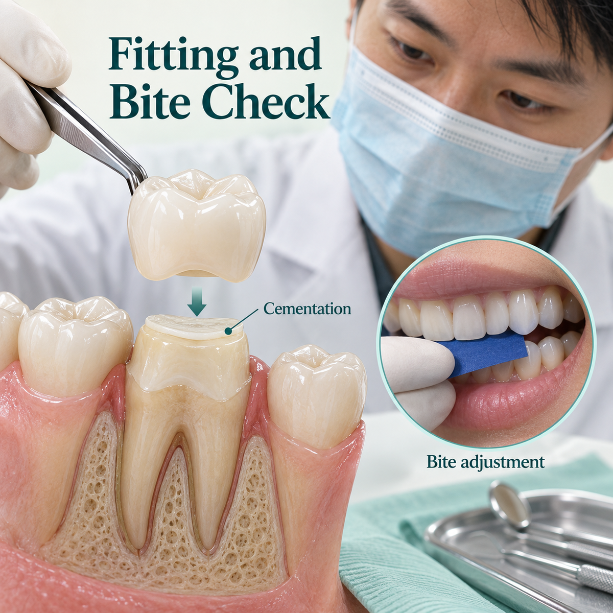 Cementation of a crown onto a prepared natural tooth with a separate bite check inset. Educational illustration.