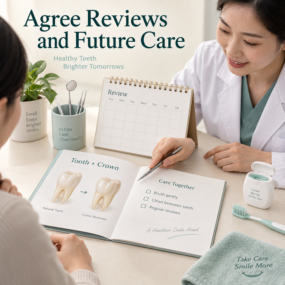 Restoration record, review calendar and cleaning tools for ongoing crown care. Educational illustration.