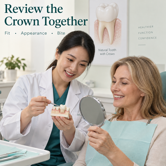 Chinese dentist and patient assessing crown appearance and fit with a mirror. Educational illustration.