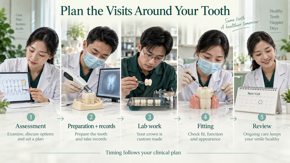 Wide appointment pathway for natural-tooth crown preparation through review. Educational illustration.