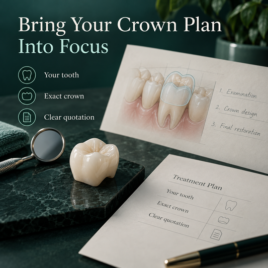 Natural-tooth crown, tooth-position diagram and quotation form as a final inquiry invitation. Educational illustration.