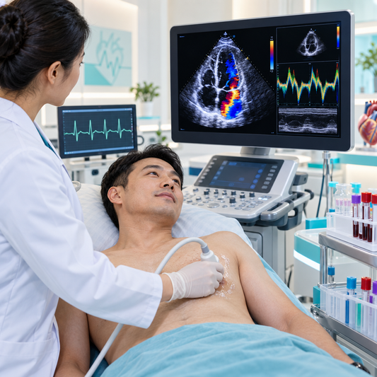 Doppler echocardiography, cardiac function review and routine ECG for an adult man