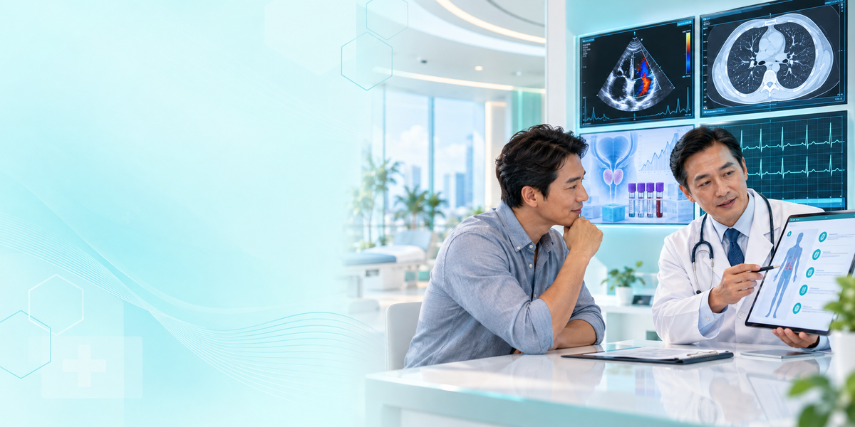 Advanced men’s health screening consultation with reserved copy space and cardiac, prostate, chest CT and laboratory displays
