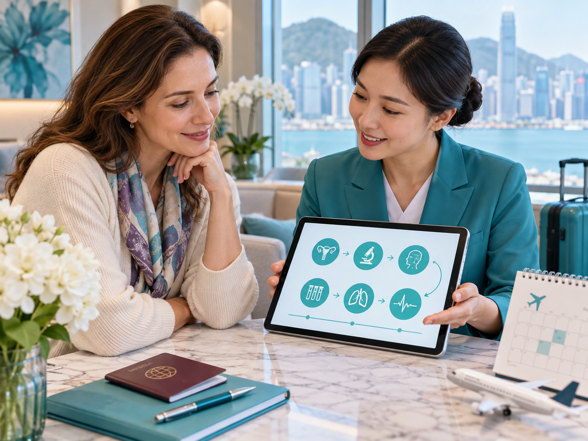 International patient coordinator reviewing an advanced women’s screening itinerary