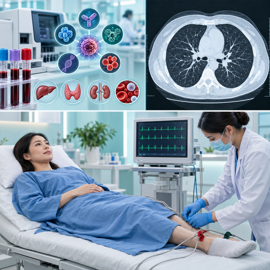 Tumor-related and laboratory testing coordinated with non-contrast chest CT and resting ECG