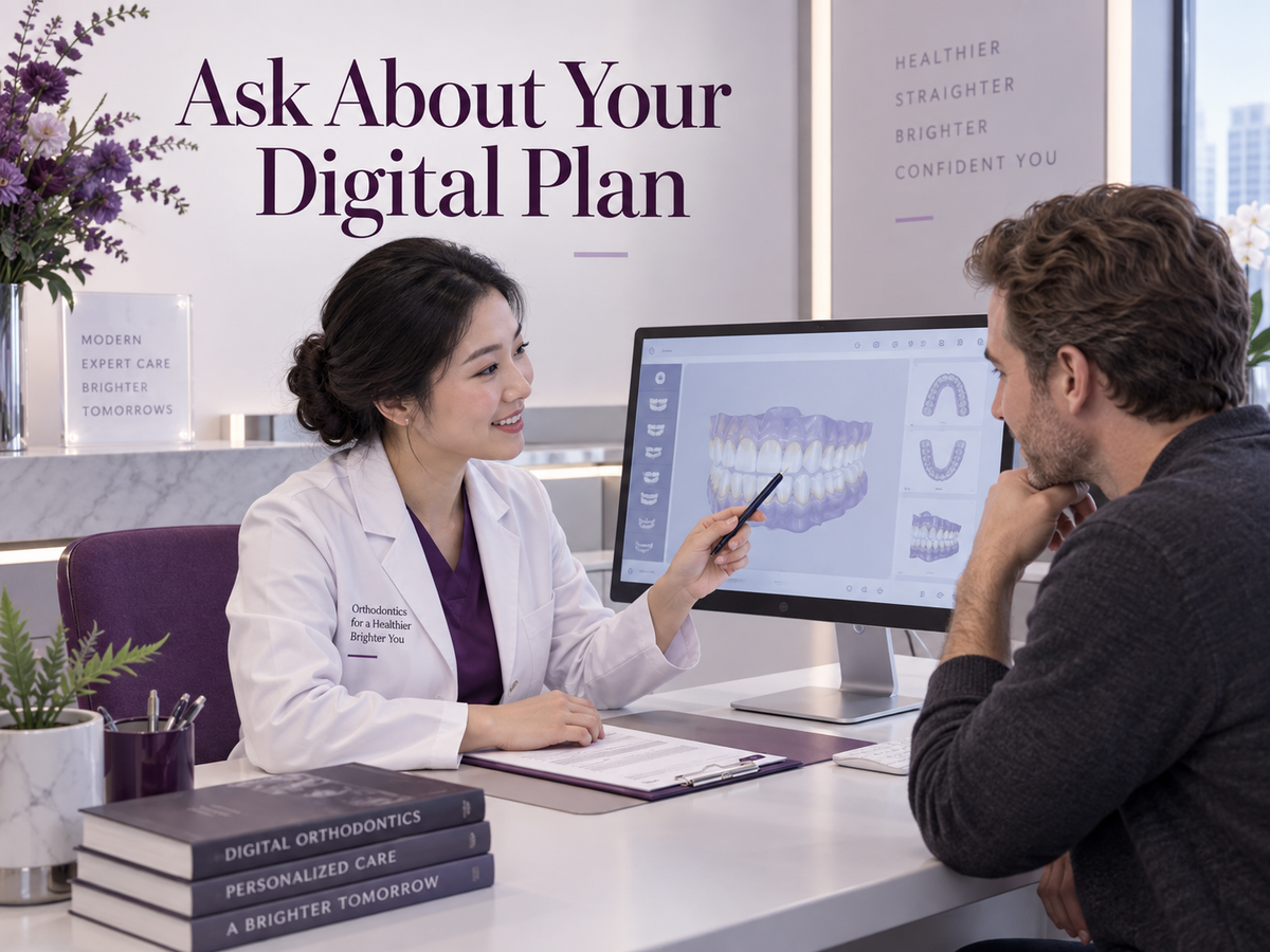 A Chinese clinician explains digital planning to a foreign patient. Educational illustration.