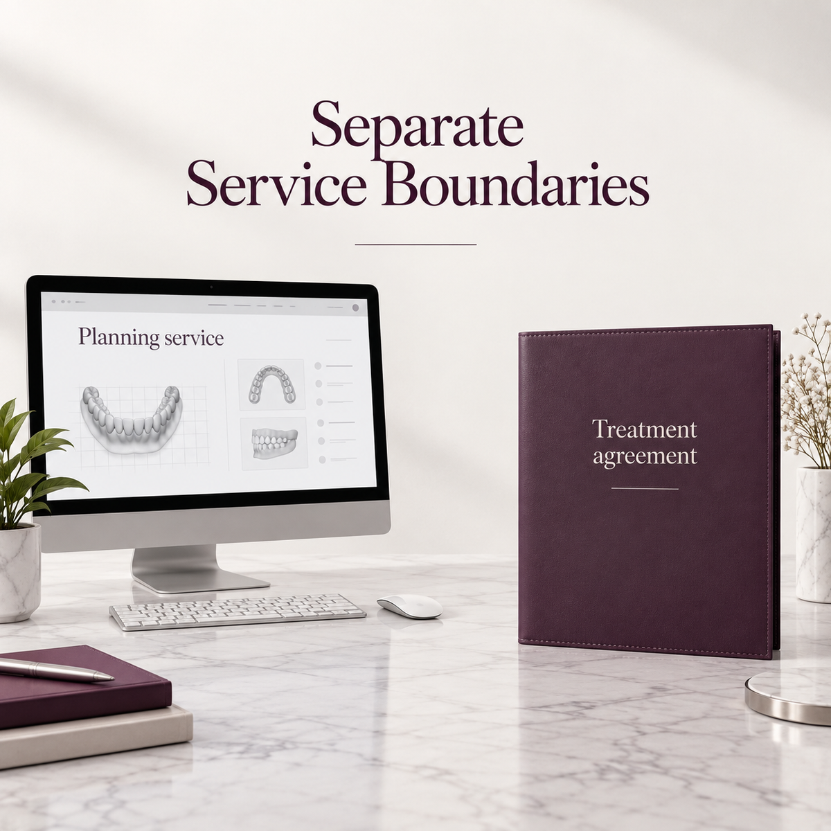 A digital plan and supplied aligners are different services. Educational illustration.