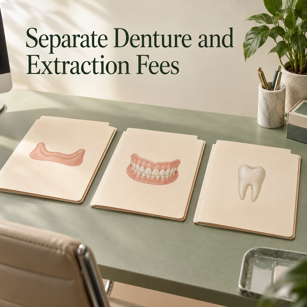Separate Denture and Extraction Fees. Educational illustration.