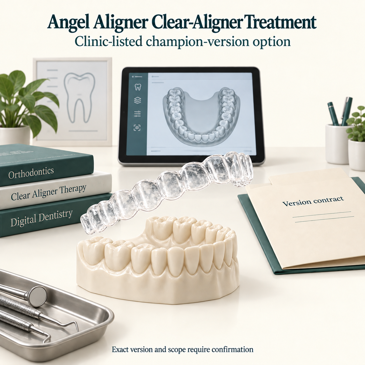 A clear aligner, a digital plan and the clinic version contract. Educational illustration.