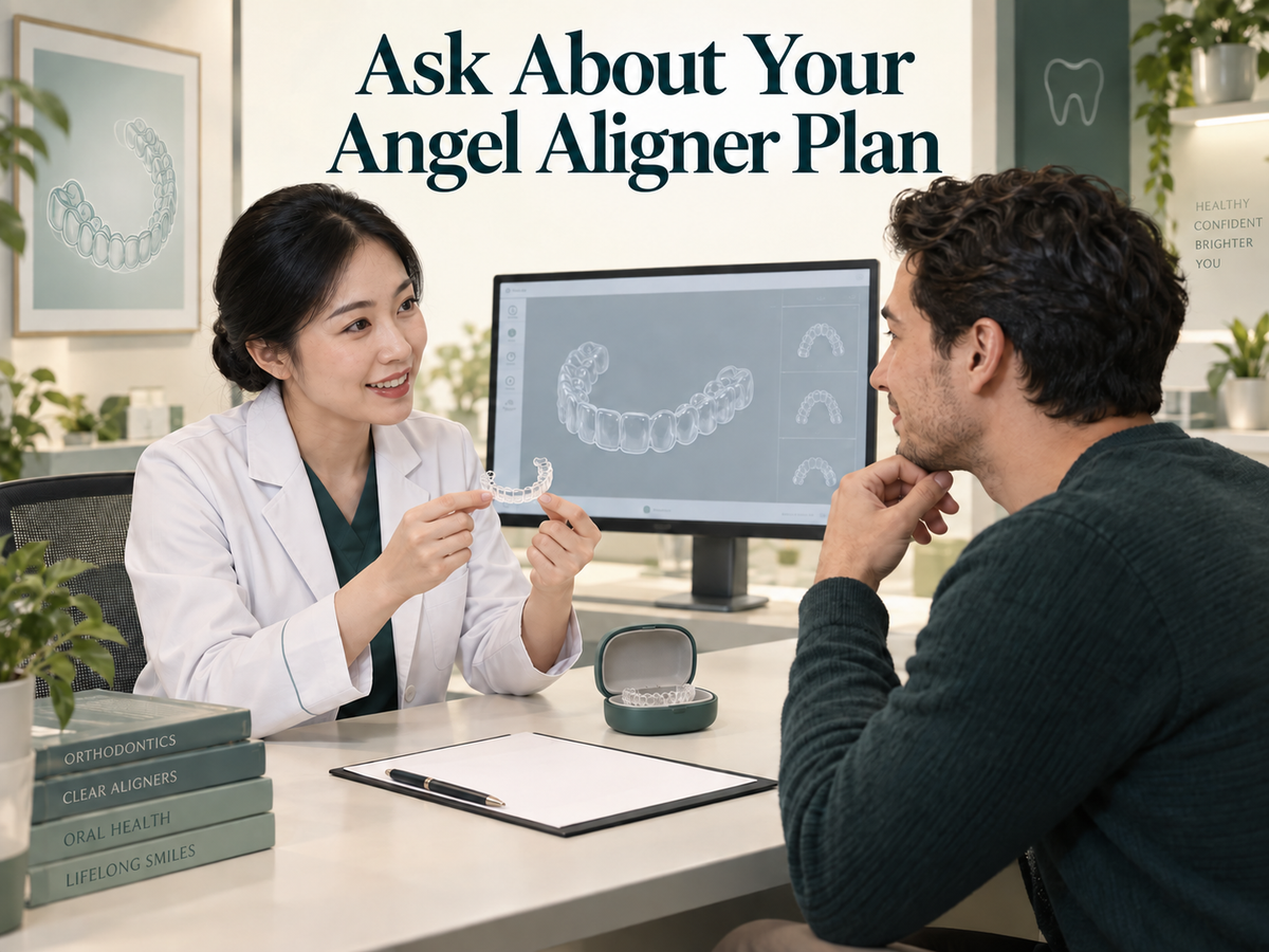 A Chinese orthodontist discusses a clear-aligner plan. Educational illustration.