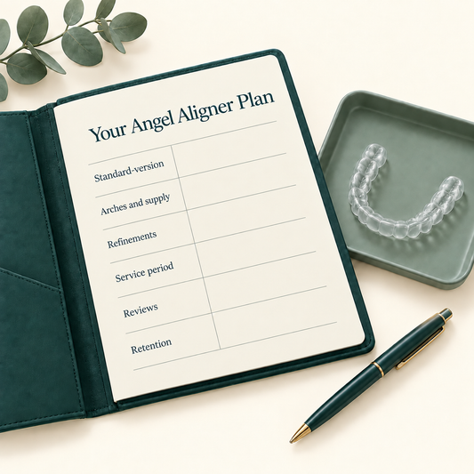 The written Angel Aligner plan records the actual version and care arrangements. Educational illustration.