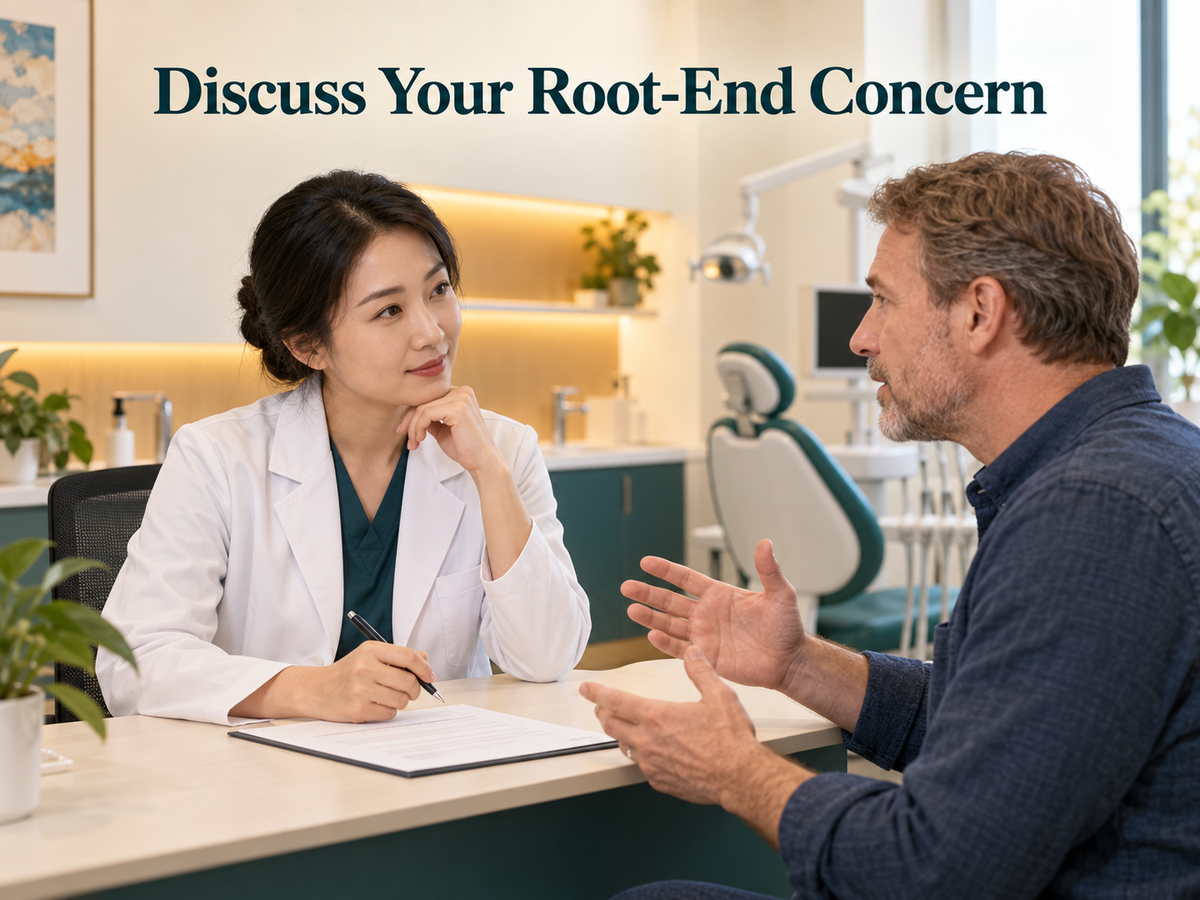 Chinese clinician and foreign patient discuss root-end surgery. Educational illustration.