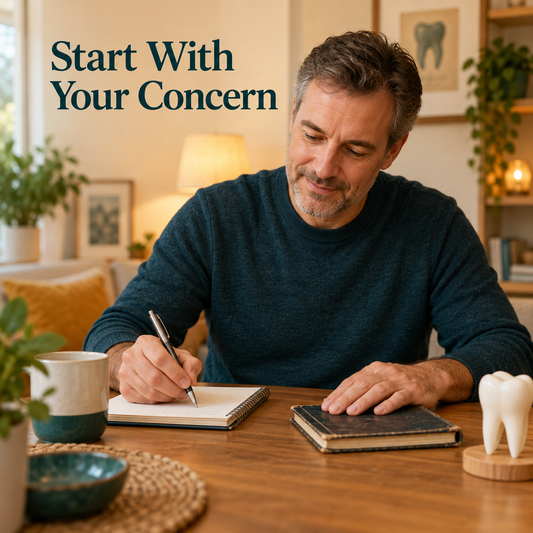The patient describes the concern and previous care. Educational illustration.