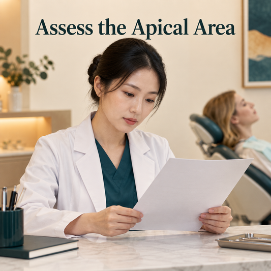 The clinician reviews assessment requirements. Educational illustration.