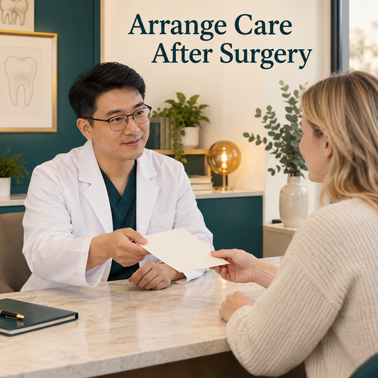 Postoperative instructions and reviews are arranged. Educational illustration.