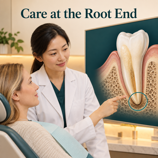 Root-end surgery concerns the apex below the gum. Educational illustration.