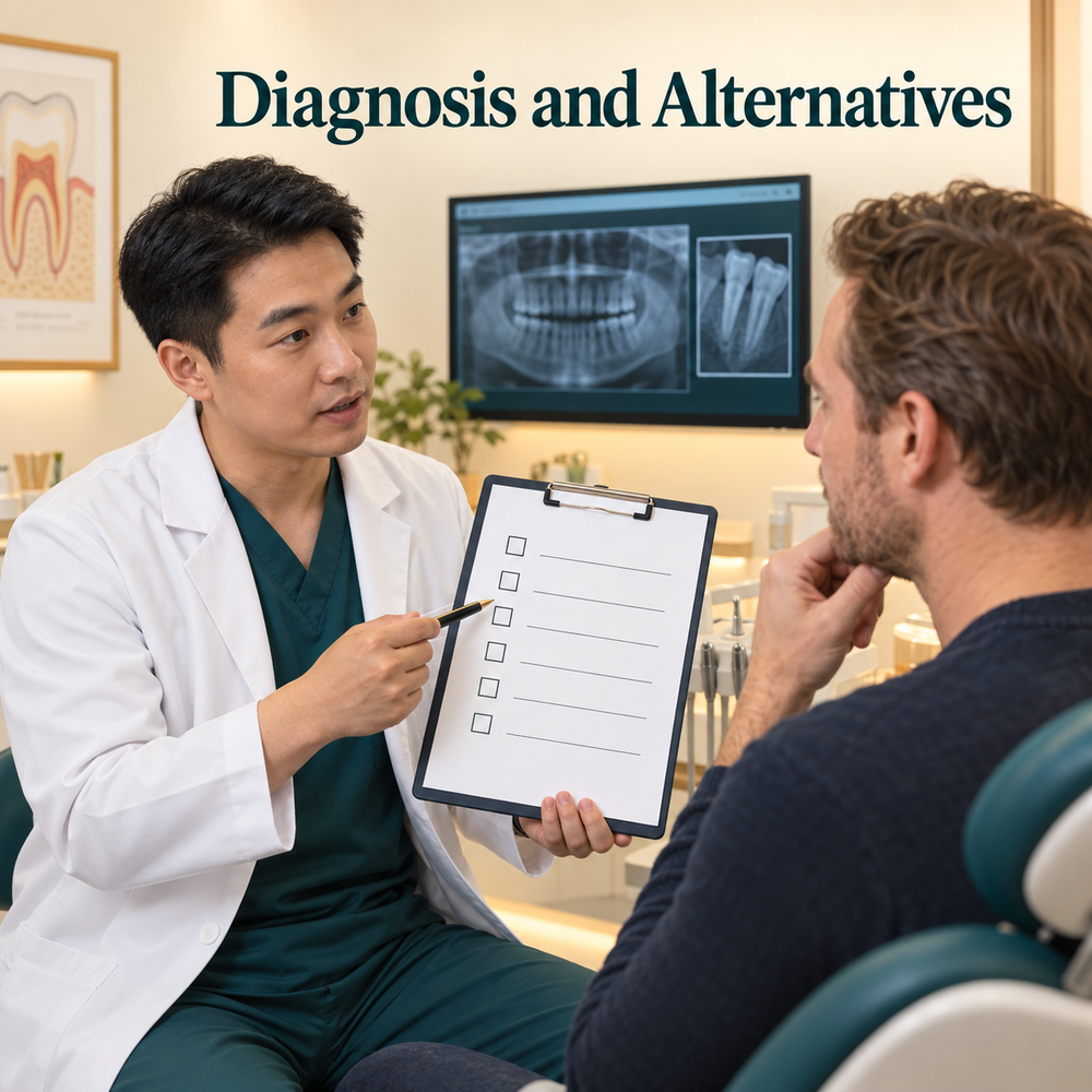 A dentist discusses diagnosis and alternatives. Educational illustration.