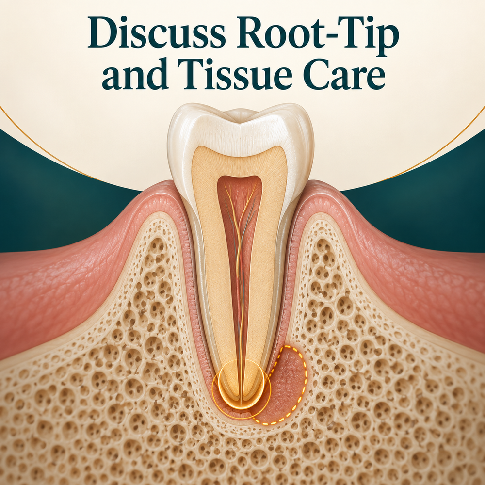 Root-tip and tissue management form part of the proposed scope. Educational illustration.