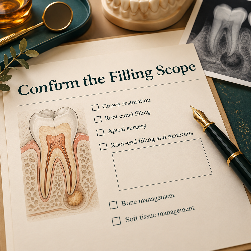 Root-end filling is confirmed rather than assumed. Educational illustration.